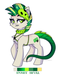 Size: 2000x2500 | Tagged: safe, artist:stesha, oc, oc only, earth pony, pony, adoptable, chest fluff, collar, dragon tail, earth pony oc, female, full body, green eyes, green mane, high res, looking at you, mare, mohawk, multicolored mane, raised hoof, reference sheet, simple background, skull mask, solo, tail, transparent background