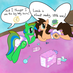 Size: 2500x2500 | Tagged: safe, artist:duckchip, oc, pony, unicorn, action figure, baby bottle, diaper, diaper fetish, doll, duo, fetish, high res, non-baby in diaper, pacifier, rattle, shiny eyes, speech bubble, starry eyes, tail, tail hole, toy, wingding eyes
