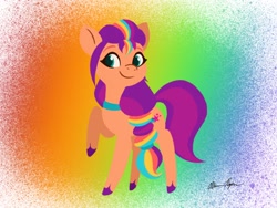 Size: 2048x1536 | Tagged: safe, artist:allisonpopick, sunny starscout, earth pony, pony, g5, my little pony: tell your tale, backwards cutie mark, blue hair, female, mane stripe sunny, mare, multicolored hair, purple hair, rainbow hair, raised hoof, red hair, solo, yellow hair
