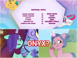 Size: 1992x1496 | Tagged: safe, screencap, glory (g5), hitch trailblazer, onyx, plum library, queen haven, seashell (g5), zipp storm, earth pony, pegasus, pony, unicorn, g5, my little pony: tell your tale, one trick pony (episode), spoiler:g5, spoiler:my little pony: tell your tale, spoiler:tyts01e20, aj bridel, amanda martinez, athena karkanis, credits, female, glowing, glowing horn, group, horn, jonathan tan, kaia oz, kimberly-ann truong, magic, magic aura, male, mare, quartet, stallion