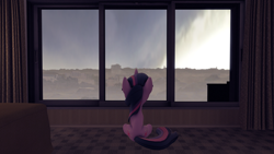 Size: 1920x1080 | Tagged: safe, artist:charismatic pony, twilight sparkle, pony, unicorn, g4, 3d, apartment, bed, both cutie marks, carpet, curtains, female, floor, looking out the window, mare, revamped ponies, room, solo, source filmmaker, unicorn twilight, window