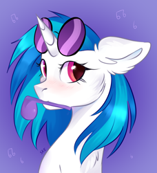 Size: 3900x4280 | Tagged: safe, artist:ske, dj pon-3, vinyl scratch, pony, unicorn, g4, blushing, bust, female, floppy ears, mare, mouth hold, music notes, portrait, solo, sunglasses