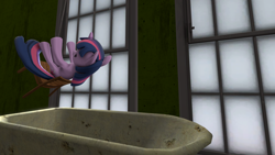 Size: 1920x1080 | Tagged: safe, artist:charismatic pony, twilight sparkle, pony, unicorn, g4, 3d, bathtub, chair, falling backwards, female, inception, mare, solo, source filmmaker, unicorn twilight, window