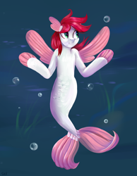 Size: 2778x3580 | Tagged: safe, artist:ske, oc, oc only, oc:sugar coral, hippogriff, seapony (g4), blue background, bubble, commission, digital art, dorsal fin, female, fin wings, fins, fish tail, flowing mane, flowing tail, green eyes, high res, mare, ocean, red mane, seaponified, seaweed, simple background, solo, species swap, tail, underwater, water, wings