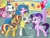 Size: 1800x1350 | Tagged: safe, artist:flutterluv, part of a set, izzy moonbow, pinkie pie, starlight glimmer, sunset shimmer, surprise, earth pony, pegasus, pony, unicorn, g1, g4, g5, atg 2022, bag, balloon, carrot, cupcake, food, group, newbie artist training grounds, open mouth, part of a series, pictogram, ponyville, saddle bag, scroll, smiling, speech bubble, surprised