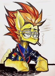 Size: 938x1280 | Tagged: safe, artist:tlen borowski, spitfire, pegasus, pony, g4, cigarette, clothes, glasses, grumpy, smoking, solo, spitfire's whistle, traditional art, uniform, whistle, wonderbolts dress uniform