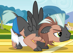 Size: 1455x1060 | Tagged: safe, artist:anonymous, thunderlane, pegasus, pony, g4, /ptfg/, asymmetrical, asymmetrical wings, clothes, ear piercing, earring, human to pony, jewelry, male, mid-transformation, piercing, show accurate, smiling, socks, spread wings, stallion, toenails, torn clothes, torn socks, transformation, wings