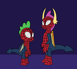 Size: 1600x1426 | Tagged: safe, artist:platinumdrop, smolder, spike, dragon, g4, clothes, costume, dragoness, female, male, marvel, request, spider-man