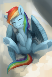 Size: 1183x1750 | Tagged: safe, artist:camyllea, rainbow dash, pegasus, pony, g4, cloud, cute, dashabetes, digital painting, eyes closed, lacrimal caruncle, lying down, lying on a cloud, on a cloud, sleeping, sleeping on a cloud, solo, underhoof