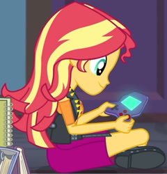 Size: 1920x1998 | Tagged: safe, screencap, sunset shimmer, human, equestria girls, equestria girls series, g4, the finals countdown, book, boots, clothes, cropped, cutie mark on clothes, female, geode of empathy, goofing off, high heel boots, jewelry, leather, leather boots, leather vest, magical geodes, necklace, shoes, smiling, solo, vest