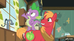 Size: 640x360 | Tagged: safe, screencap, big macintosh, discord, spike, draconequus, dragon, earth pony, pony, g4, season 8, the break up breakdown, animated, captain wuzz, eyes closed, gif, gifs.com, grin, male, open mouth, open smile, smiling, stallion, trio