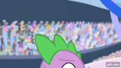 Size: 640x360 | Tagged: safe, screencap, spike, dragon, equestria games (episode), g4, season 4, animated, background pony audience, gif, gifs.com, male, open mouth, panic attack, solo, spinning, stadium