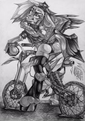 Size: 1520x2160 | Tagged: safe, artist:tlen borowski, oc, oc only, oc:tlen borowski, pegasus, pony, angry, clothes, dock, dock piercing, jacket, leather, leather jacket, looking at you, monochrome, motorcycle, panties, piercing, raised tail, ripped stockings, solo, spread wings, stockings, tail, tail piercing, thigh highs, torn clothes, traditional art, underwear, wings