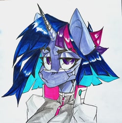 Size: 1274x1280 | Tagged: safe, artist:tlen borowski, twilight sparkle, unicorn, anthro, g4, alternate design, alternate hairstyle, clothes, cyberpunk, implants, looking at you, prosthetic eye, prosthetic horn, prosthetics, solo, traditional art