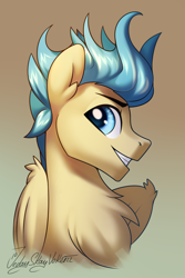 Size: 2000x3000 | Tagged: safe, artist:jedayskayvoker, oc, oc only, oc:maverick blast, pegasus, pony, bust, chest fluff, colored pupils, ear fluff, eyebrows, feathered wings, folded wings, gradient background, grin, icon, looking at you, male, patreon, patreon reward, pegasus oc, portrait, smiling, smiling at you, solo, stallion, wings