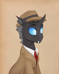 Size: 1798x2250 | Tagged: safe, artist:rutkotka, oc, oc:closed case, changeling, clothes, coat, commission, hat, necktie, shirt, simple background, solo