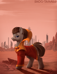 Size: 1769x2300 | Tagged: safe, artist:shido-tara, doctor whooves, time turner, earth pony, pony, g4, city, clothes, crossover, doctor who, gallifreyan, looking at you, science fiction, standing, the doctor