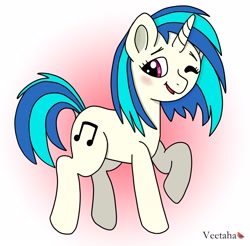 Size: 3000x2951 | Tagged: safe, artist:veetaha, dj pon-3, vinyl scratch, pony, unicorn, g4, blushing, cute, digital art, dock, female, flying, gradient background, high res, mare, one eye closed, open mouth, side view, signature, simple background, smiling, solo, tail, wink