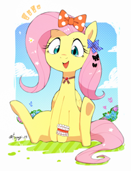 Size: 1594x2079 | Tagged: safe, artist:fuyugi, fluttershy, pegasus, pony, g4, bow, cute, female, folded wings, hair bow, jewelry, mare, necklace, open mouth, open smile, shyabetes, signature, sitting, smiling, underhoof, wings
