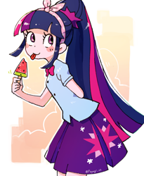 Size: 2400x2928 | Tagged: safe, artist:fuyugi, sci-twi, twilight sparkle, human, g4, :p, cute, food, high res, human coloration, humanized, solo, tongue out, twiabetes, watermelon