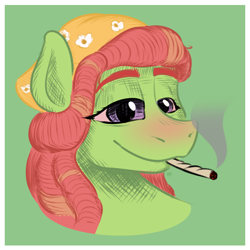 Size: 2000x2000 | Tagged: safe, artist:oldman, tree hugger, earth pony, pony, g4, bloodshot eyes, bust, drugs, high res, marijuana, portrait, sketch, smoke, solo