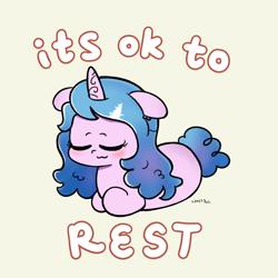 Size: 2048x2048 | Tagged: safe, artist:limitmj, izzy moonbow, pony, unicorn, g5, blushing, cute, eyes closed, female, floppy ears, grammar error, high res, horn, izzybetes, lying, mare, ponyloaf, prone, resting, signature, simple background, solo, text