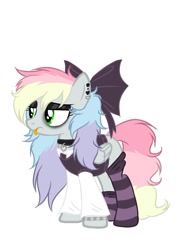 Size: 975x1355 | Tagged: safe, artist:blazyplazy, oc, oc only, oc:blazey sketch, pegasus, pony, bow, bracelet, choker, clothes, goth, gray coat, green eyes, hair bow, jewelry, makeup, messy mane, multicolored hair, simple background, socks, solo, striped socks, tongue out, vest, white background