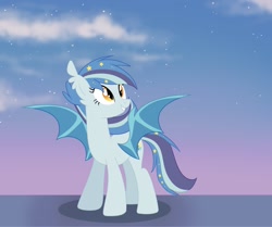 Size: 1554x1300 | Tagged: safe, artist:owlity, oc, oc only, oc:star struck, bat pony, pony, bat pony oc, female, looking up, night, night sky, sky, smiling, solo, spread wings, wings