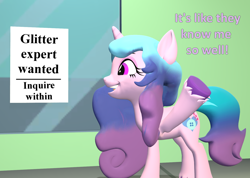 Size: 1518x1080 | Tagged: safe, artist:red4567, izzy moonbow, pony, unicorn, g4, g5, 3d, atg 2022, dialogue, female, g5 to g4, generation leap, mare, newbie artist training grounds, poster, raised hoof, solo, source filmmaker