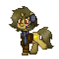 Size: 950x950 | Tagged: safe, oc, oc only, oc:sagiri himoto, pony, unicorn, pony town, animated, blushing, brown coat, brown eyes, brown hair, brown mane, brown tail, clothes, food, gif, green mane, green tail, headphones, horn, lemon, pixel art, scarf, simple background, smiling, solo, sweater, tail, transparent background, trotting, trotting in place, unicorn oc