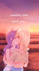 Size: 947x1692 | Tagged: safe, artist:5n2kumjf8jcwc7l, applejack, rarity, human, g4, applejack's hat, clothes, cowboy hat, duo, duo female, eyes closed, female, hat, humanized, kissing, lesbian, ship:rarijack, shipping, text