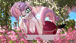 Size: 1920x1080 | Tagged: safe, artist:anthroponiessfm, sweetie belle, unicorn, anthro, plantigrade anthro, g4, 3d, breasts, bush, cleavage, clothes, cute, dress, female, flower, glasses, implied tail hole, looking at you, mare, older, older sweetie belle, plants, round glasses, shoes, smiling, solo, source filmmaker, sweetie belle is a marshmallow too, tail, the pose