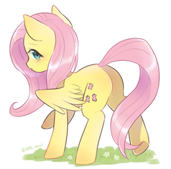 Size: 2001x1978 | Tagged: safe, artist:dos_towel, fluttershy, pegasus, pony, g4, butt, cute, daaaaaaaaaaaw, female, grass, looking at you, looking back, looking back at you, mare, partially open wings, plot, profile, raised hoof, raised leg, shyabetes, signature, simple background, solo, white background, wings