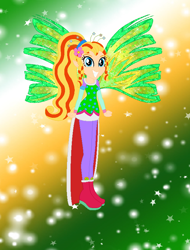 Size: 608x798 | Tagged: safe, artist:magical-mama, artist:selenaede, artist:user15432, fairy, human, hylian, equestria girls, g4, alternate hairstyle, barely eqg related, base used, boots, clothes, colored wings, crossover, crystal sirenix, dress, equestria girls style, equestria girls-ified, fairy wings, fairyized, flower, flower in hair, gradient background, gradient wings, green dress, green wings, high heel boots, high heels, linkle, long hair, looking at you, pink shoes, ponytail, shoes, sirenix, smiling, solo, sparkly background, sparkly wings, the legend of zelda, wings, winx, winx club, winxified