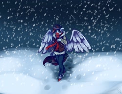 Size: 2560x1966 | Tagged: safe, artist:homa-nix, oc, oc only, pegasus, anthro, unguligrade anthro, snow, snowfall, solo