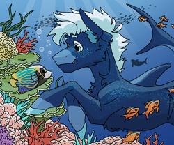 Size: 4200x3500 | Tagged: safe, artist:mookaoo, oc, earth pony, fish, hybrid, merpony, original species, pony, seapony (g4), shark, shark pony, artfight, blue eyes, bubble, chest fluff, coral, crepuscular rays, digital art, dorsal fin, ear fluff, fangs, fins, fish tail, male, ocean, seaponified, seaweed, smiling, solo, species swap, stallion, sunlight, swimming, tail, underwater, water, white mane