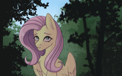 Size: 2560x1600 | Tagged: safe, artist:tanatos, fluttershy, pegasus, pony, g4, cute, female, folded wings, forest, looking at you, mare, solo, tree, wings