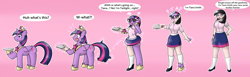 Size: 5200x1600 | Tagged: safe, artist:quickcast, twilight sparkle, alicorn, human, pony, g4, clothes, commission, folded wings, glasses, horn loss, human coloration, humanized, mental shift, natural hair color, pony to human, shoes, skirt, tablet, teacher, transformation, transformation sequence, twilight sparkle (alicorn), wing loss, wings