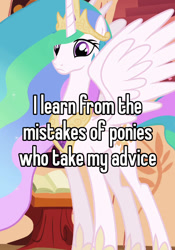 Size: 756x1079 | Tagged: safe, edit, edited screencap, screencap, princess celestia, alicorn, pony, g4, lesson zero, caption, golden oaks library, image macro, meme, solo, text