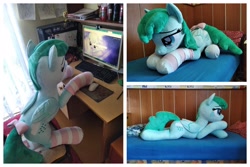 Size: 3264x2180 | Tagged: safe, artist:epicrainbowcrafts, spring melody, sprinkle medley, pegasus, pony, g4, bed, bedroom eyes, bow, clothes, computer, high res, irl, life size, lying down, photo, plushie, prone, sitting, socks, solo, striped socks, tail, tail bow, wings