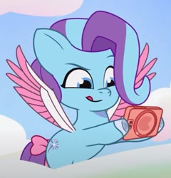 Size: 657x683 | Tagged: safe, screencap, glory (g5), pegasus, pony, g5, my little pony: tell your tale, one trick pony (episode), spoiler:g5, spoiler:my little pony: tell your tale, spoiler:tyts01e20, bow, cellphone, cloud, colored wings, cropped, female, filly, flying, foal, narrowed eyes, phone, pippsqueaks, raised eyebrow, smartphone, smiling, solo, tail, tail bow, tongue out, two toned wings, wings