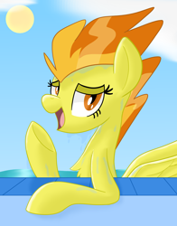 Size: 2000x2550 | Tagged: safe, artist:notadeliciouspotato, spitfire, pegasus, pony, g4, bedroom eyes, cloud, female, high res, looking at you, mare, open mouth, open smile, smiling, solo, sun, swimming pool, water, wet, wings