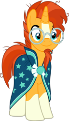 Size: 3000x5250 | Tagged: safe, artist:dashiesparkle, sunburst, pony, unicorn, g4, uncommon bond, .svg available, cape, clothes, coat markings, facial hair, glasses, goatee, high res, male, simple background, smiling, socks (coat markings), stallion, transparent background, vector