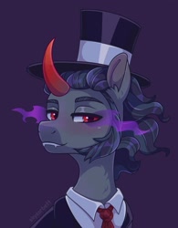 Size: 1610x2059 | Tagged: safe, artist:skysorbett, king sombra, pony, unicorn, g4, alternate hairstyle, clothes, colored horn, commission, curved horn, fangs, hat, horn, male, necktie, shirt, solo, sombra eyes, sombra horn, stallion, suit, top hat