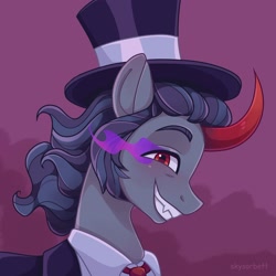 Size: 1806x1807 | Tagged: safe, artist:skysorbett, king sombra, pony, unicorn, g4, alternate hairstyle, clothes, colored horn, commission, curved horn, fangs, grin, hat, horn, male, necktie, shirt, smiling, solo, sombra eyes, sombra horn, stallion, suit, top hat