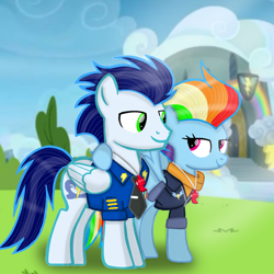 Size: 900x900 | Tagged: safe, artist:mlplary6, rainbow dash, soarin', pegasus, pony, g4, the last problem, bomber jacket, clothes, duo, female, hoof on shoulder, husband and wife, jacket, looking at each other, looking at someone, male, mare, older, older rainbow dash, older soarin', older soarindash, rainbow dashs coaching whistle, ship:soarindash, shipping, smiling, smiling at each other, stallion, straight, uniform, whistle, whistle necklace, wonderbolts dress uniform