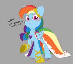Size: 1119x985 | Tagged: safe, artist:melodylibris, rainbow dash, pegasus, pony, g4, blushing, bronybait, clothes, dialogue, dress, female, gala dress, gray background, looking at you, mare, rainbow dash always dresses in style, simple background, smiling, solo, talking to viewer, underhoof