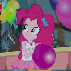 Size: 280x280 | Tagged: safe, screencap, pinkie pie, human, all the world's off stage, equestria girls, equestria girls series, g4, all the world's off stage: pinkie pie, balloon, blowing up balloons, bow, clothes, cute, rah rah skirt, skirt, that pony sure does love balloons