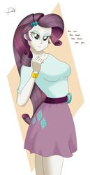 Size: 1200x2331 | Tagged: safe, artist:pearly* marshmallow, rarity, human, equestria girls, g4, belt, blouse, bracelet, buckle, clothes, digital art, female, hairclip, indifferent, jewelry, looking at you, love, radiohead, simple background, skirt, solo, song reference, yellow background, you