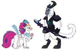 Size: 3066x1979 | Tagged: safe, artist:supahdonarudo, queen novo, storm king, classical hippogriff, hippogriff, yeti, g4, my little pony: the movie, antagonist, atg 2022, imminent violence, looking at each other, looking at someone, newbie artist training grounds, pearl, queen novo's orb, simple background, staff, staff of sacanas, transparent background